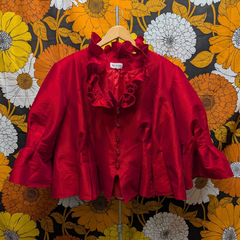 Nicolette Red Puff Sleeve Frilly Collar Faux Silk Cropped Jacket Top 24W